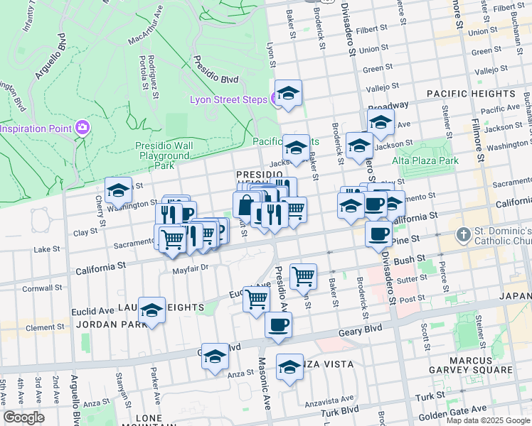 map of restaurants, bars, coffee shops, grocery stores, and more near 3365 Sacramento Street in San Francisco