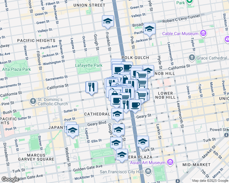 map of restaurants, bars, coffee shops, grocery stores, and more near 1613 Bush Street in San Francisco