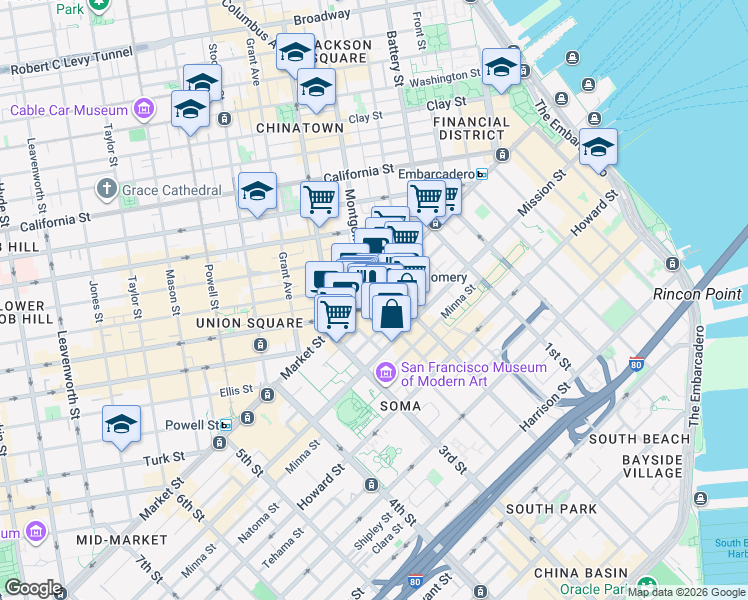 map of restaurants, bars, coffee shops, grocery stores, and more near 625 Market Street in San Francisco
