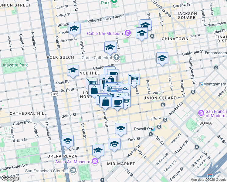 map of restaurants, bars, coffee shops, grocery stores, and more near Sutter St & Jones St in San Francisco