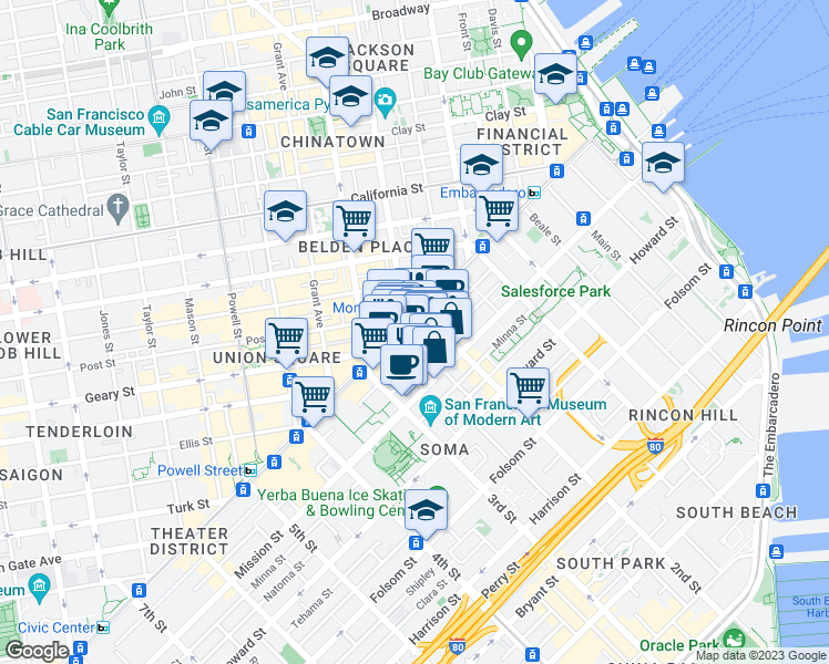map of restaurants, bars, coffee shops, grocery stores, and more near 625 Market Street in San Francisco