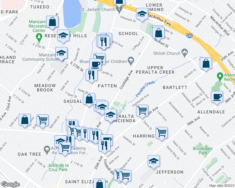 map of restaurants, bars, coffee shops, grocery stores, and more near Coolidge Avenue & Davis Street in Oakland