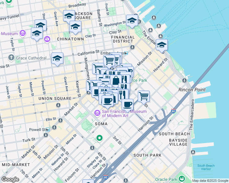 map of restaurants, bars, coffee shops, grocery stores, and more near in San Francisco