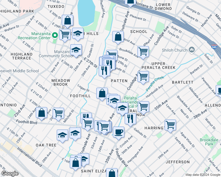 map of restaurants, bars, coffee shops, grocery stores, and more near 3227 Prentiss Street in Oakland