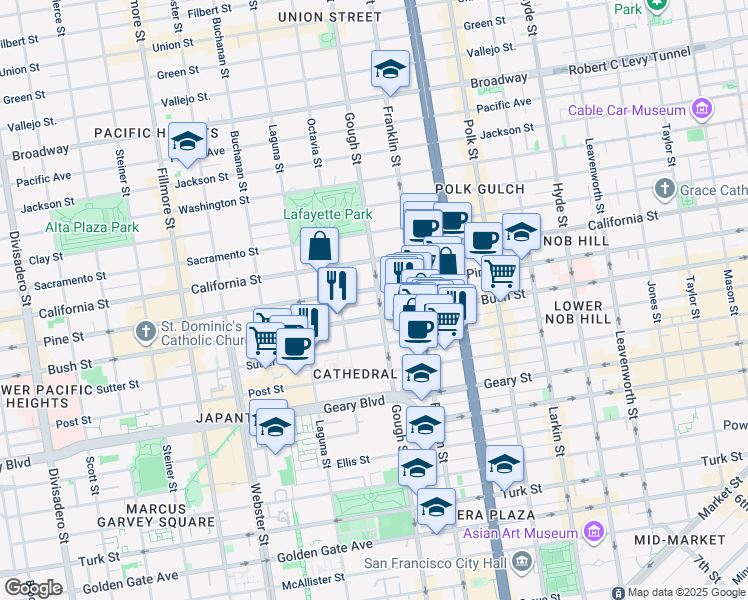 map of restaurants, bars, coffee shops, grocery stores, and more near 1701 Bush Street in San Francisco