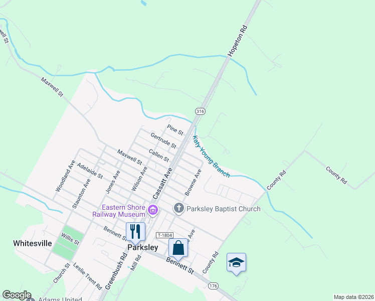 map of restaurants, bars, coffee shops, grocery stores, and more near 24371 Gertrude Street in Parksley