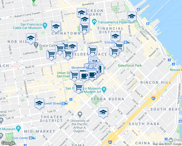 map of restaurants, bars, coffee shops, grocery stores, and more near 88 Kearny Street in San Francisco