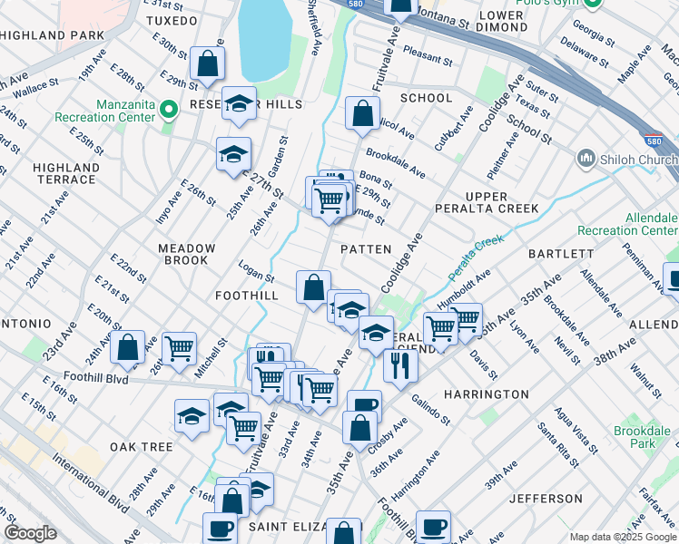map of restaurants, bars, coffee shops, grocery stores, and more near 3227 Prentiss Street in Oakland