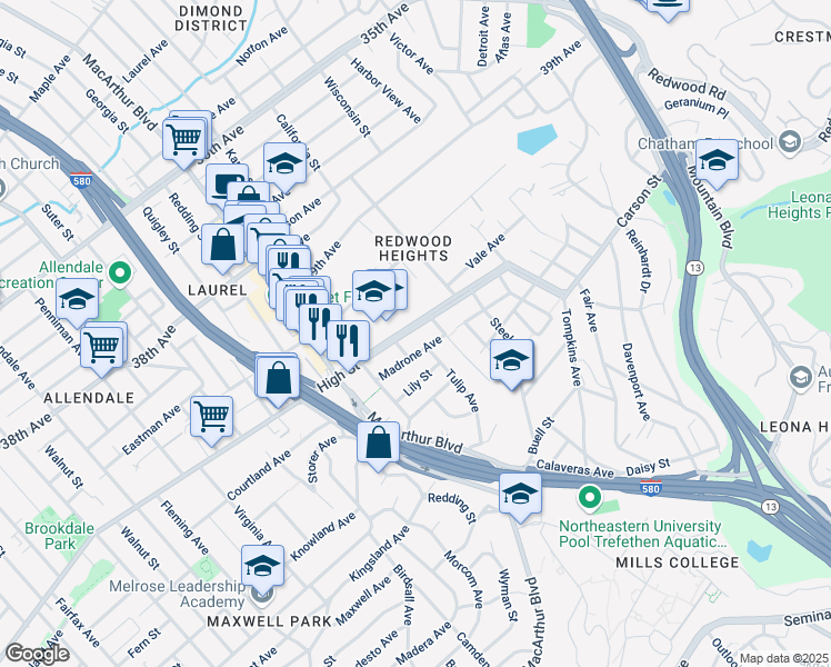 map of restaurants, bars, coffee shops, grocery stores, and more near 3732 High Street in Oakland