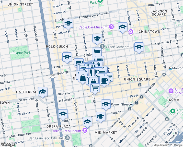 map of restaurants, bars, coffee shops, grocery stores, and more near 808 Leavenworth Street in San Francisco