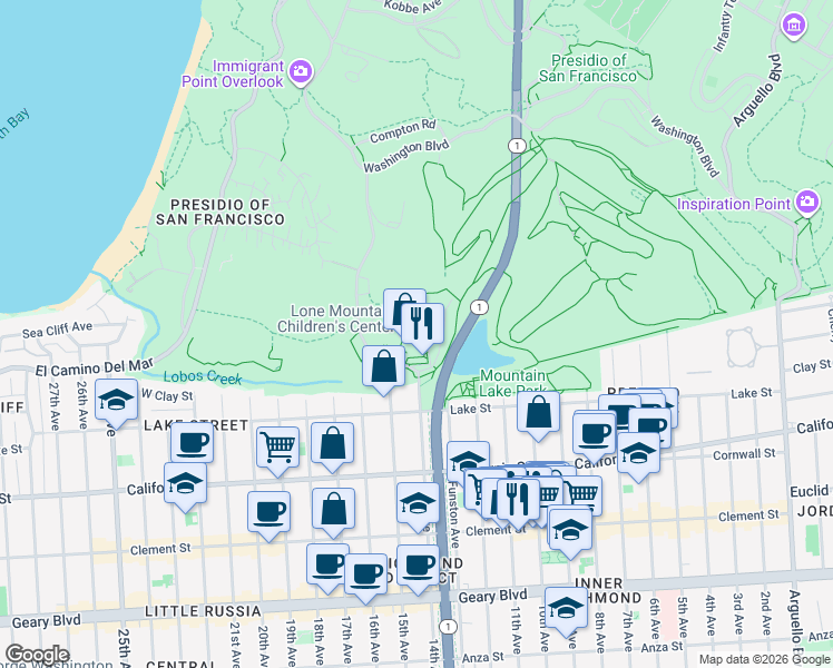 map of restaurants, bars, coffee shops, grocery stores, and more near U.S. 101 in San Francisco