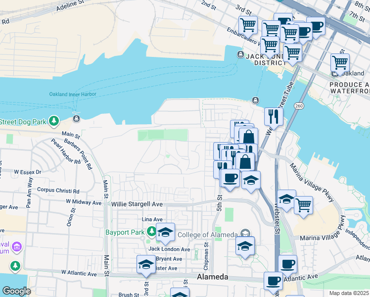 map of restaurants, bars, coffee shops, grocery stores, and more near 400 Mosley Avenue in Alameda