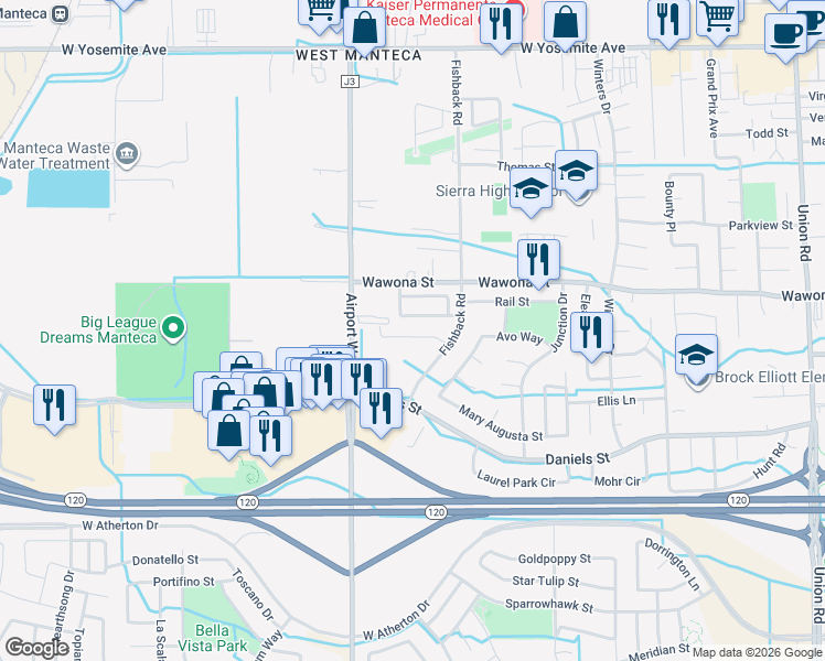 map of restaurants, bars, coffee shops, grocery stores, and more near 1966 Westport Street in Manteca