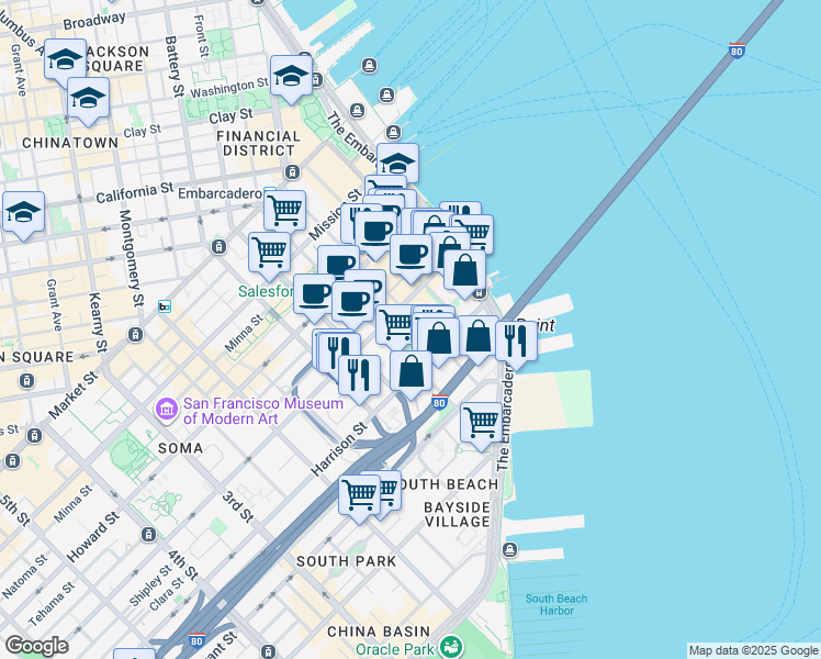 map of restaurants, bars, coffee shops, grocery stores, and more near 338 Main Street in San Francisco