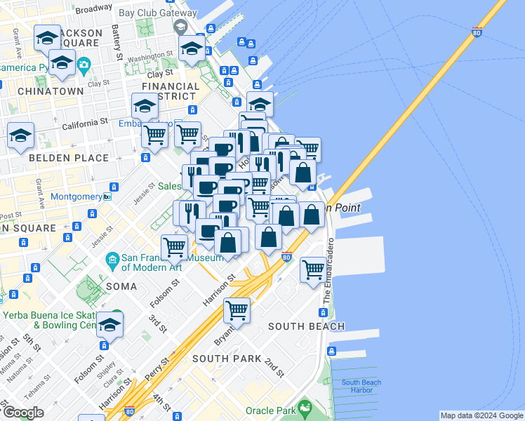 map of restaurants, bars, coffee shops, grocery stores, and more near 338 Beale Street in San Francisco