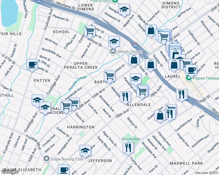 map of restaurants, bars, coffee shops, grocery stores, and more near 2727 Abbey Street in Oakland