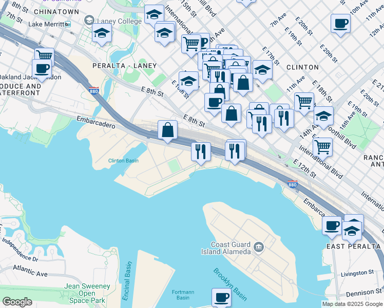 map of restaurants, bars, coffee shops, grocery stores, and more near 1000 Embarcadero in Oakland