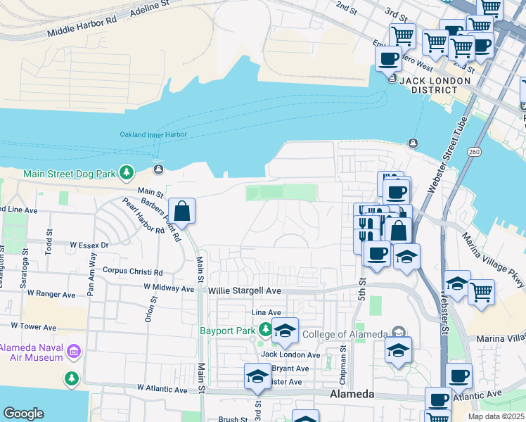 map of restaurants, bars, coffee shops, grocery stores, and more near 2004 Monterey Circle in Alameda