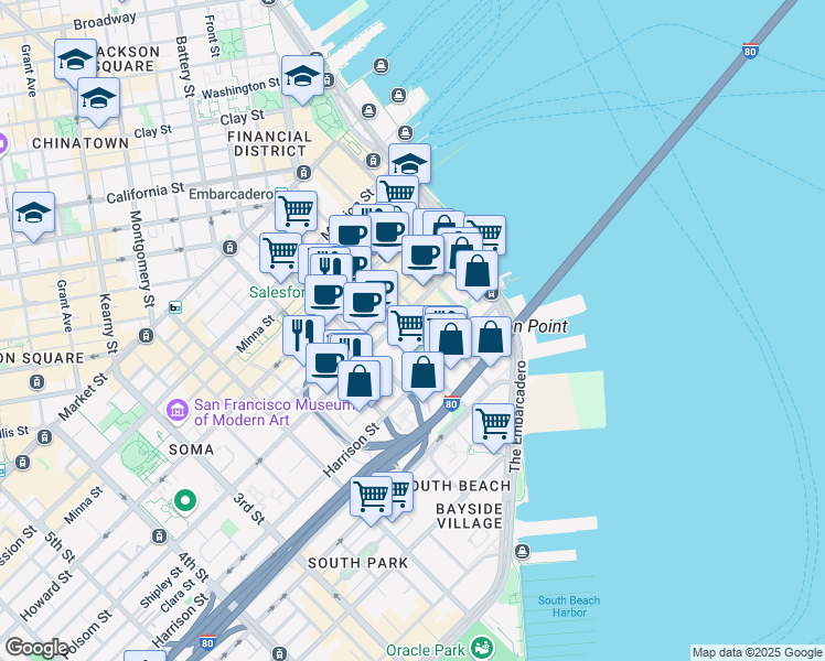 map of restaurants, bars, coffee shops, grocery stores, and more near 338 Beale Street in San Francisco