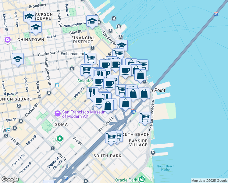 map of restaurants, bars, coffee shops, grocery stores, and more near 338 Beale Street in San Francisco
