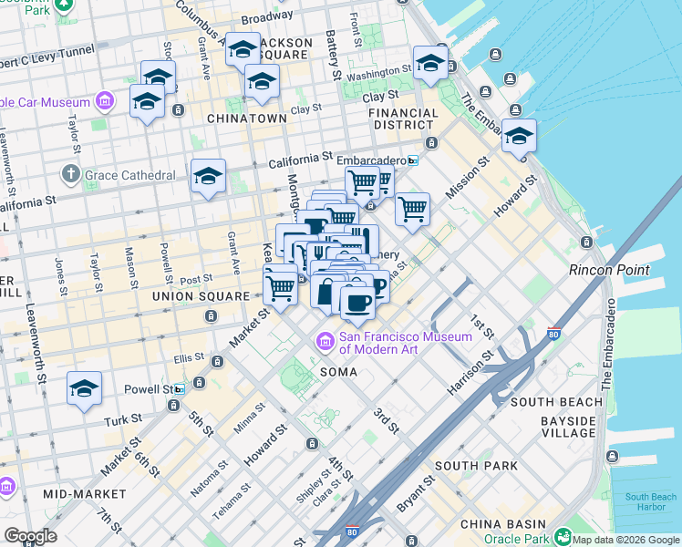 map of restaurants, bars, coffee shops, grocery stores, and more near 92 2nd Street in San Francisco
