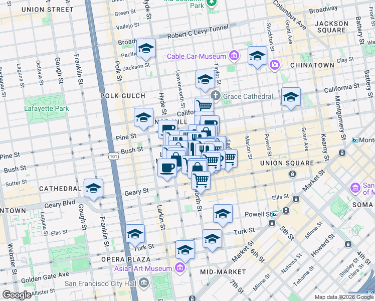 map of restaurants, bars, coffee shops, grocery stores, and more near 736 Leavenworth Street in San Francisco