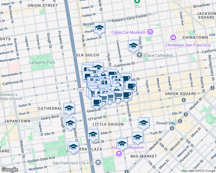 map of restaurants, bars, coffee shops, grocery stores, and more near 1078 Sutter Street in San Francisco
