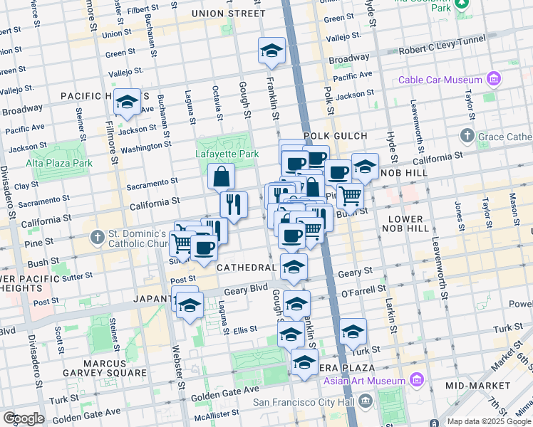 map of restaurants, bars, coffee shops, grocery stores, and more near 1701 Bush Street in San Francisco