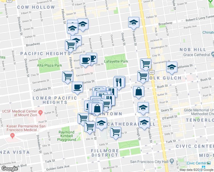 map of restaurants, bars, coffee shops, grocery stores, and more near 1830 Laguna Street in San Francisco