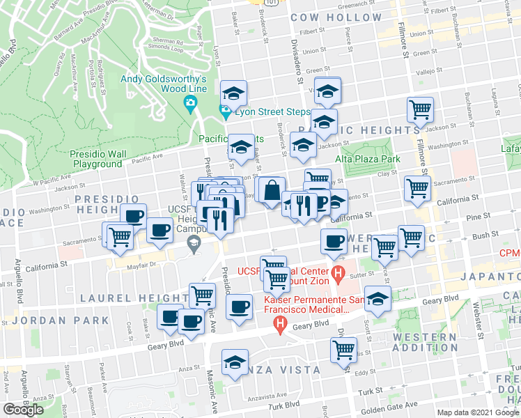 map of restaurants, bars, coffee shops, grocery stores, and more near 1814 Lyon Street in San Francisco