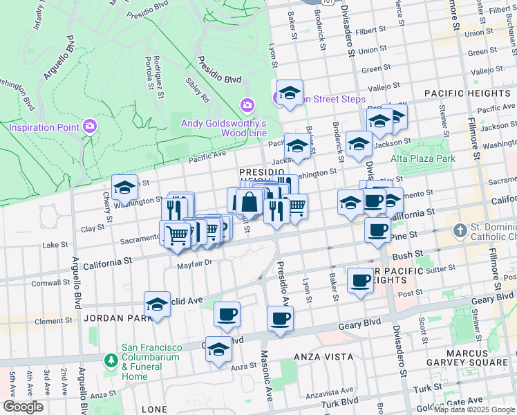map of restaurants, bars, coffee shops, grocery stores, and more near 3365 Sacramento Street in San Francisco