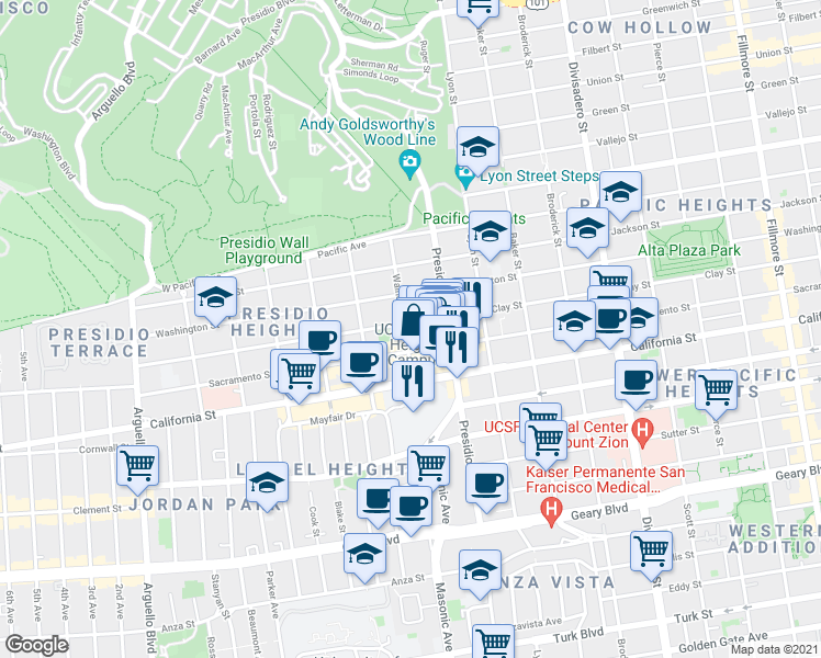 map of restaurants, bars, coffee shops, grocery stores, and more near 3365 Sacramento Street in San Francisco
