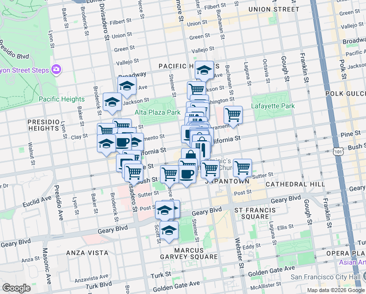 map of restaurants, bars, coffee shops, grocery stores, and more near California Street & Steiner Street in San Francisco