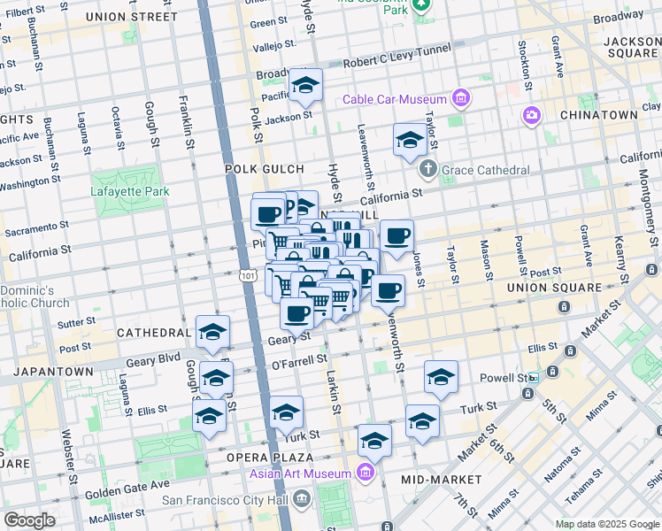 map of restaurants, bars, coffee shops, grocery stores, and more near 1253 Bush Street in San Francisco