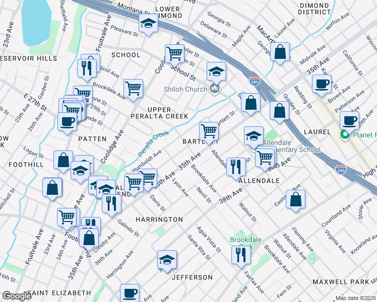map of restaurants, bars, coffee shops, grocery stores, and more near 2565 35th Avenue in Oakland