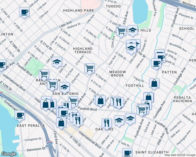 map of restaurants, bars, coffee shops, grocery stores, and more near 2356 East 21st Street in Oakland