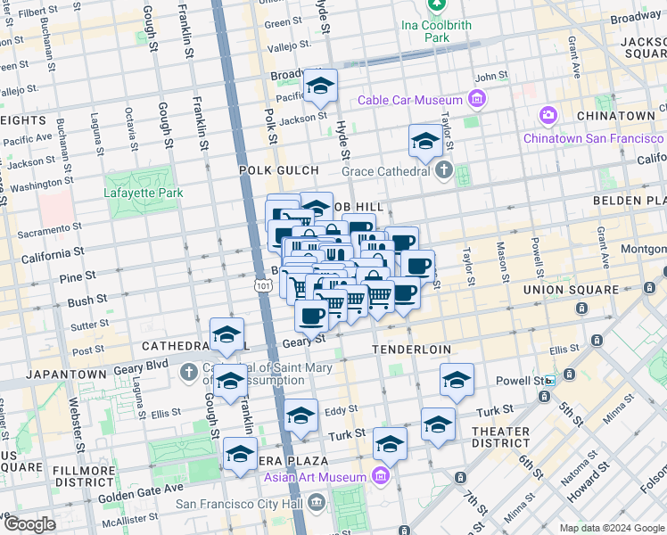 map of restaurants, bars, coffee shops, grocery stores, and more near 1078 Sutter Street in San Francisco