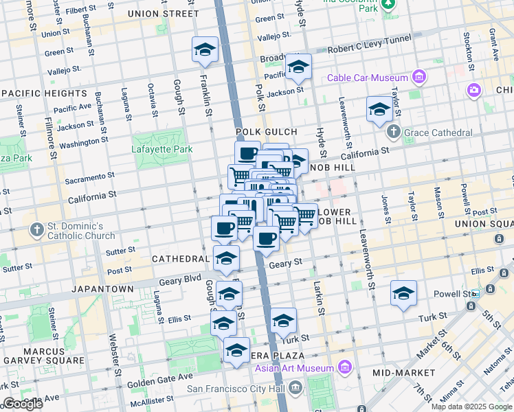 map of restaurants, bars, coffee shops, grocery stores, and more near 1295 Sutter Street in San Francisco