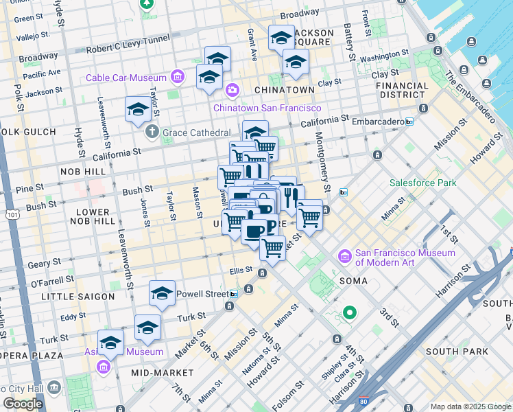 map of restaurants, bars, coffee shops, grocery stores, and more near in San Francisco