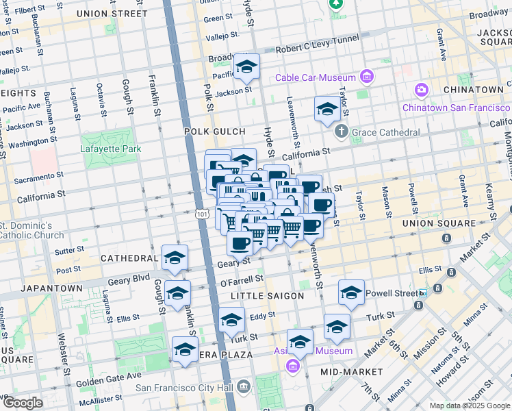 map of restaurants, bars, coffee shops, grocery stores, and more near 1078 Sutter Street in San Francisco
