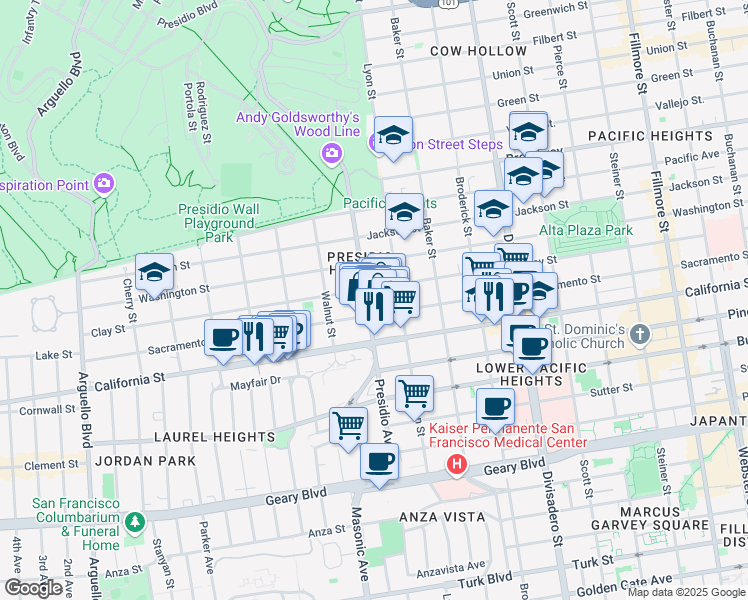 map of restaurants, bars, coffee shops, grocery stores, and more near 330 Presidio Avenue in San Francisco
