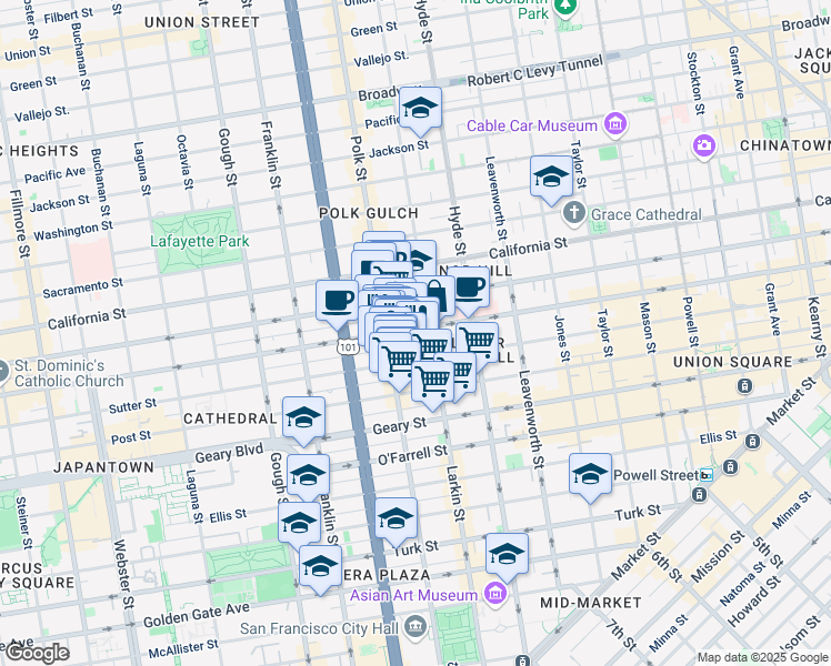 map of restaurants, bars, coffee shops, grocery stores, and more near 1340 Bush Street in San Francisco