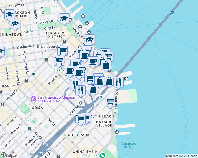 map of restaurants, bars, coffee shops, grocery stores, and more near 365 Main Street in San Francisco