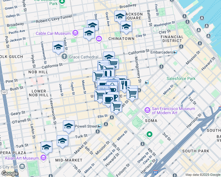 map of restaurants, bars, coffee shops, grocery stores, and more near 272 Post Street in San Francisco