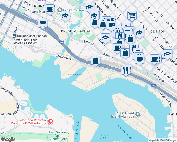 map of restaurants, bars, coffee shops, grocery stores, and more near 260 Brooklyn Basin Way in Oakland