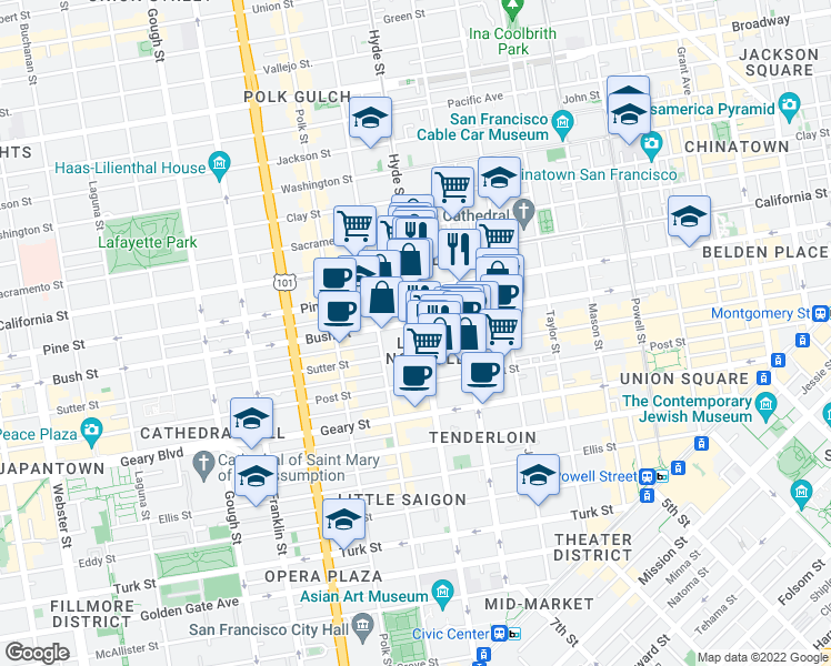map of restaurants, bars, coffee shops, grocery stores, and more near 900 Hyde Street in San Francisco