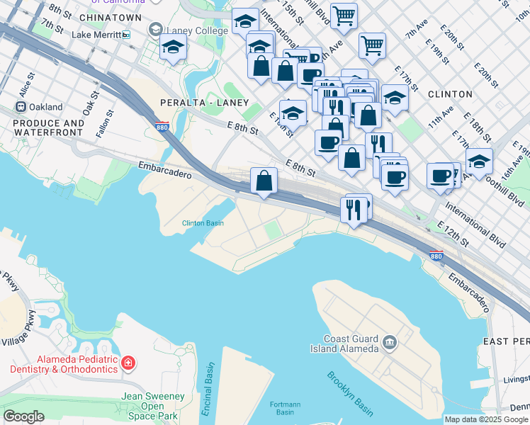 map of restaurants, bars, coffee shops, grocery stores, and more near 260 Brooklyn Basin Way in Oakland
