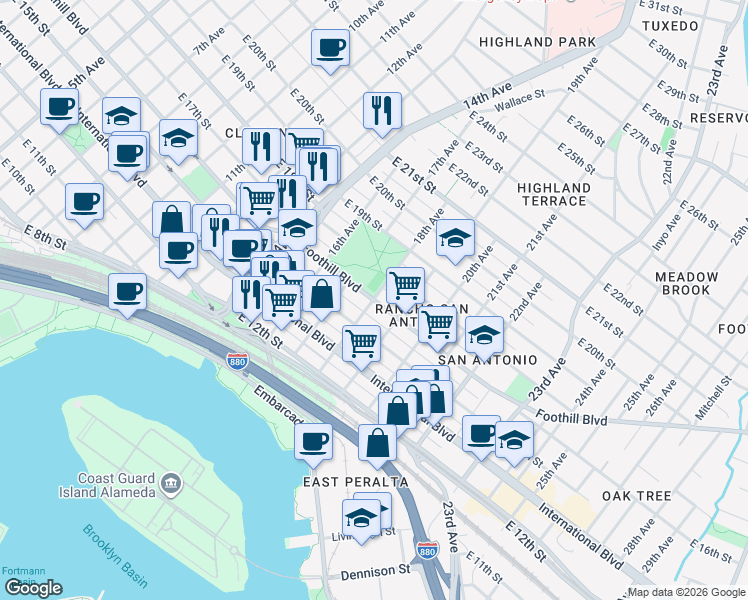 map of restaurants, bars, coffee shops, grocery stores, and more near Foothill Blvd & 18th Ave in Oakland
