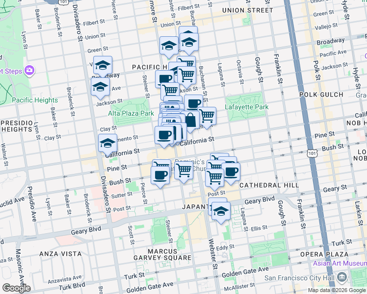 map of restaurants, bars, coffee shops, grocery stores, and more near in San Francisco