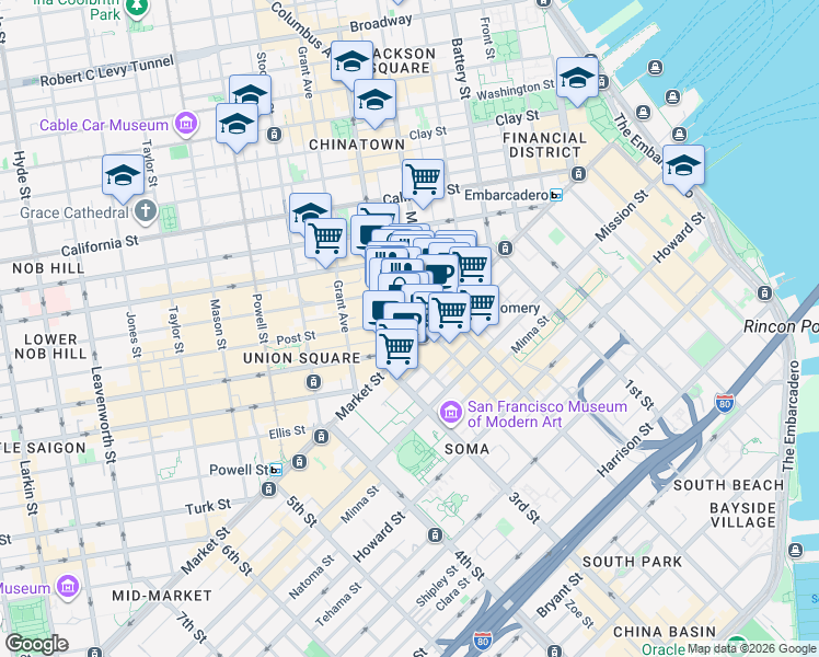 map of restaurants, bars, coffee shops, grocery stores, and more near 1 Post Street in San Francisco